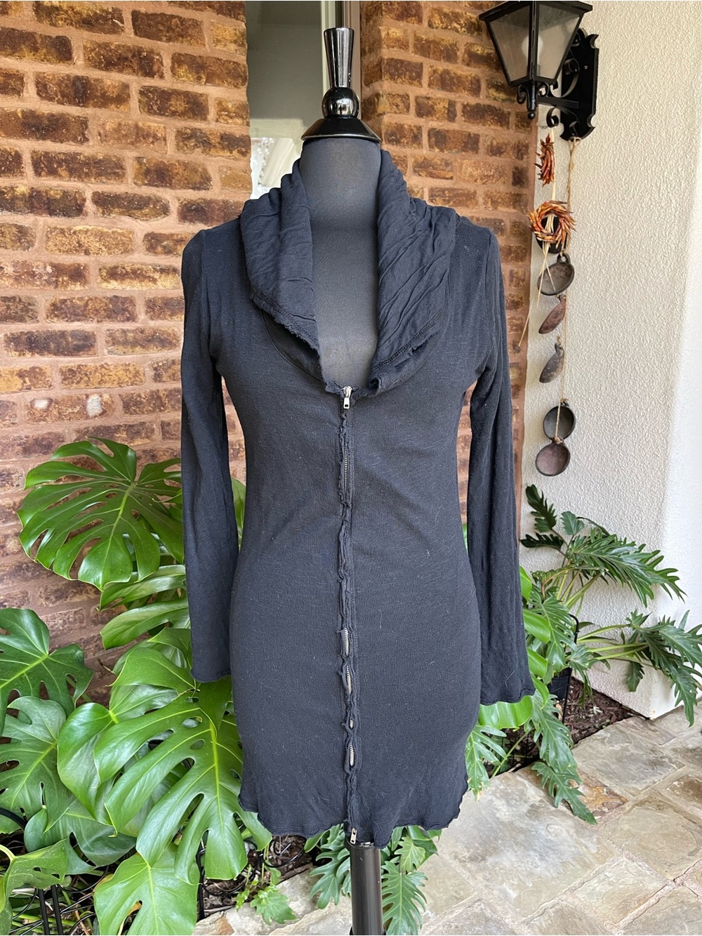 Black Long-Sleeve Open-Front Cardigan with Draped Collar